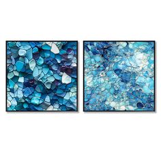 two paintings with blue and white rocks on them