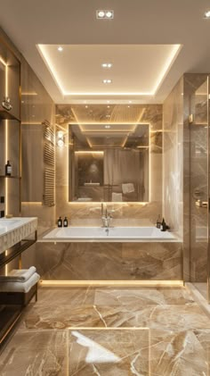 an elegant bathroom with marble floors and walls