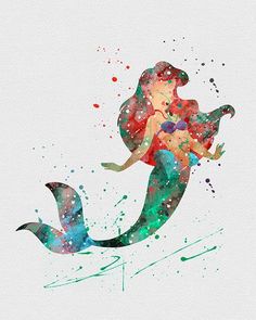 a watercolor painting of a mermaid sitting on top of a wooden wall