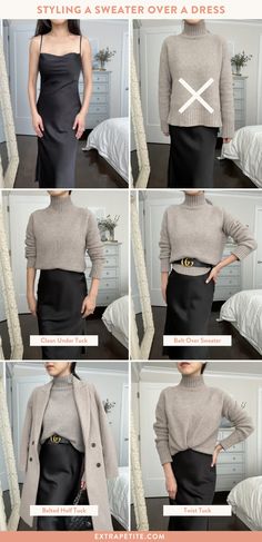 Skirts Work Outfits Women, 2023 Designer Fashion, Outfit Alla Moda, Elegant Minimalist Outfit, Midi Skirt 2023, Tops With Skirts, Trendy Night Out Outfits, Sweater Over A Dress, Sweater Over Dress