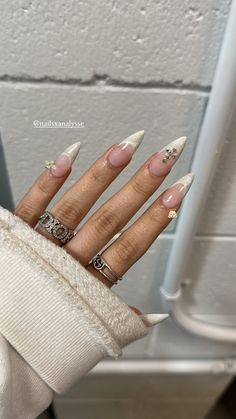 Long Almond Nails Designs Summer 2024, Baddie Nails Almond Shape, French Tips With Design Almond, Almond Bling Nails, Almond Nail Designs Trending Now, Sharp Almond Nails, Stiletto French Tip Nails, Baddie Almond Nails