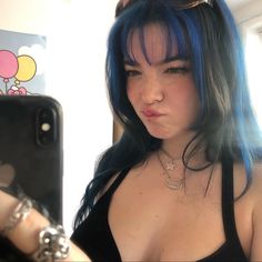 Blue Hair Streaks Short Hair, Blue Hair Inspo Aesthetic, Highlights Color Ideas For Black Hair, Blue And Black Hair With Bangs, Blue And Black Hair Aesthetic, Blue Highlights With Bangs, Dark Blue Underdye Hair, Pink And Blue Streaks In Hair, Hair Dye Ideas Front Strands