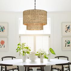 a dining room table and chairs with plants on the table in front of them,