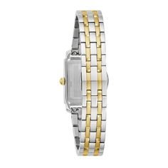 Elevate every look with the sophisticated design of this ladies' Bulova Sutton two-toned watch with a rectangular mother-of-pearl dial. The mother-of-pearl dial showcases gold-toned hands, roman numeral and stick markers, and a signature tuning fork at 12 o'clock. 21.0mm rectangular stainless steel case with mineral crystal and a gold-toned ion-plated bezel Japanese quartz movement keeps accurate time. The two-toned stainless steel link bracelet secures with a push-button deployment clasp. Water resistant to 30 meters, this watch includes a 3-year limited manufacturer warranty. We are an authorized Bulova dealer. Elegant Rectangular Diamond Watch With Bracelet Strap, Elegant Rectangular Watches For Anniversary, Elegant Rectangular Diamond Watch For Formal Occasions, Elegant Diamond Watch With Bracelet Strap And Rectangular Dial, Elegant Rectangular Diamond Watch For Anniversary, Elegant Rectangular Watch With Polished Finish, Elegant Square Watches With Diamond Hour Markers, Rectangular Metal Dial Watch For Anniversary, Elegant Rectangular Watch With Bracelet Strap