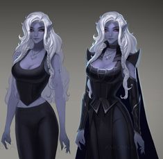 two renderings of a woman with white hair and black clothes, one wearing a cape