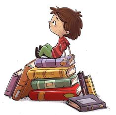 a little boy sitting on top of a pile of books next to a stack of books