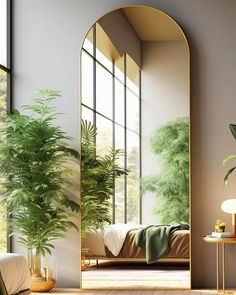 an arch shaped mirror in the corner of a room next to a bed and potted plant