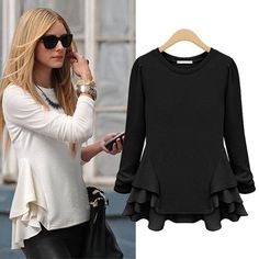 Ruffled Peplum Top - Thumbnail 1 Peplum Shirts, Frill Tops, Tops Blouse, Chiffon Long Sleeve, Olivia Palermo, Hem Top, Casual Tops For Women, Chiffon Shirt, Autumn Fashion Women