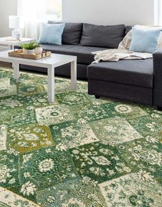 a living room with green and white rugs on the floor, couches and coffee table