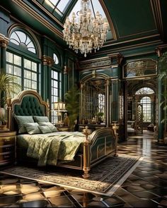 an ornate bedroom with green walls and flooring