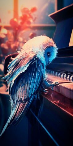 an owl sitting on the edge of a piano