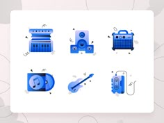 various blue objects are arranged on a white background, including speakers and other items that appear to have been designed in the same style