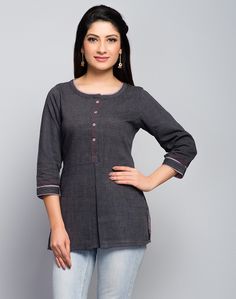 Cotton Khadi Check Trim Short Kurta Women Kurti Design, Girls Top Pattern, Short Kurtas, Short Kurta, Saree Blouse Patterns