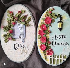 two oval plaques decorated with flowers and the words aceita depok on them