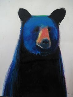 a drawing of a blue bear with black fur and orange nose, on a white background