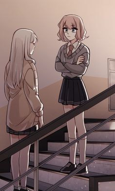 two girls standing on the stairs looking at each other and one girl is holding her arms crossed