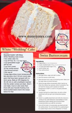 a red plate topped with a piece of cake next to a recipe for white wedding cake