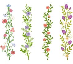 four different types of flowers with green stems and pink, blue, purple and white flowers