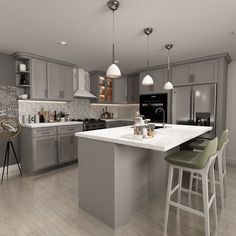 a large kitchen with blue cabinets and white counter tops, an island in the middle