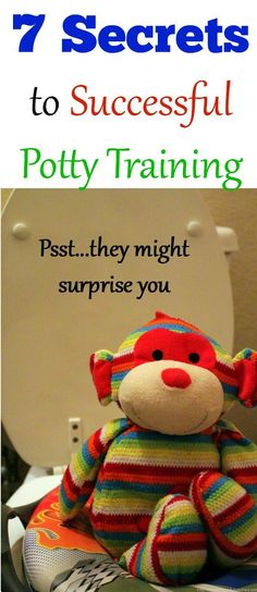 a teddy bear sitting on top of a toilet with the words 7 secrets to successful potty training