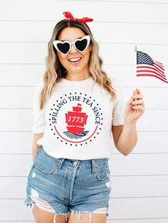 Spilling Tea Since 1773 | Americana T-Shirt | Ruby’s Rubbish® Toddler Tote Bag, Red White And Booze, Spilling Tea, Babe Shirt, Mommy And Me Shirt, Fourth Of July Shirts, Perfect Boyfriend, Fall Tee, Retro Women