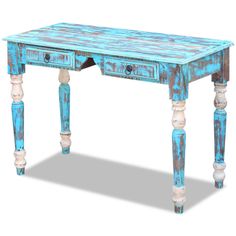 an old wooden table with two drawers and one drawer on the top is painted blue