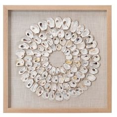 an art work with shells arranged in a circle on a linen background, framed in a wooden frame