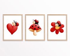 three pictures of ladybugs on red mushrooms with heart shaped flowers in the middle