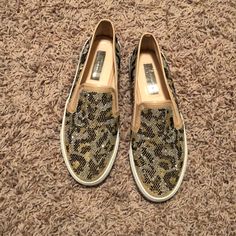 Glittered Leopard Print Inc Slip Ons Never Worn Trendy Party Sneakers For Spring, Casual Gold Sneakers For Party, Gold Casual Sneakers For Party, Party Sneakers For Spring, Spring Party Sneakers, Spring Party Sneakers With Glitter Accents, Casual Glitter Sneakers For Summer, Trendy Flat Sneakers For Party, Trendy Flat Party Sneakers