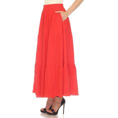 Elevate your fashion game with this flowy and effortlessly chic skirt. This maxi skirt from White Mark boasts a pleated design that adds texture, movement, and a touch of sophistication to your look. Dress it up or down as this skirt is incredibly versatile. Pair it with a tucked in blouse and heels for a sophisticated look or go for a more relaxed vibe with a tucked in tee and sandals and pair it with a jacket on chilly days. It’s perfect for various occasions and style preferences. Chic Solid Color Gathered Maxi Skirt, Red Tiered Maxi Skirt With Elastic Waistband, Red Maxi Length Bottoms For Spring, Chic Tiered Gathered Maxi Skirt, Spring Pleated Wide-leg Maxi Dress, Spring Wide Leg Pleated Maxi Dress, Flowy Ruffled Maxi Full Skirt, Spring Red Maxi Dress With Flowy Skirt, Chic Tiered Maxi Dress With Relaxed Skirt