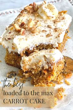 A plate of carrot cake with frosting and various nuts on top. Carrot Cake Bars Recipe, Carrot Cake Recipe Homemade, Cake Bars Recipe, Carrot Cake Bars, Chocolate Sheet Cake, Best Carrot Cake, Sheet Cake Recipes, Cake Recipes From Scratch, Cream Cheese Icing