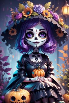 a painting of a girl with purple hair wearing a black dress and holding two pumpkins