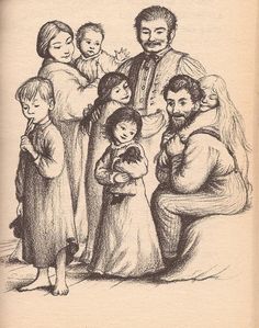 an old book with a drawing of a man and two children standing next to each other