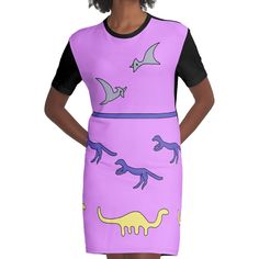 Loose and casual fit jersey t-shirt dress. Printed polyester blend front panel, solid color 100% cotton back/sleeves/rib. Size range XS-2XL. Miss Frizzle, Dinosaur Graphic, Casual Fit, Dress For Sale, Casual Fits, Jersey T Shirt, T Shirt Dress, Dresses For Sale, Graphic T Shirt