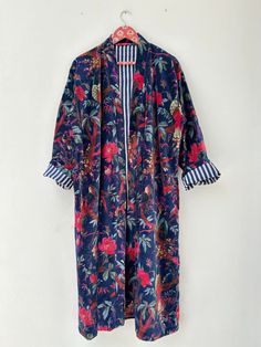 Blue Bird Print Cotton Velvet Long Jacket Handmade Kimono Bathrobe For Women Spring Robe With Pockets, Fall Robe With Pockets And Long Sleeves, Spring Long Sleeve Robe With Pockets, Long Sleeve Blue Robe For Fall, Long Blue Kimono For Daywear, Long Embroidered Cotton Kimono, Velvet Embroidered Kimono, Blue Long-sleeved Cotton Kimono, Blue Printed One-size Kimono