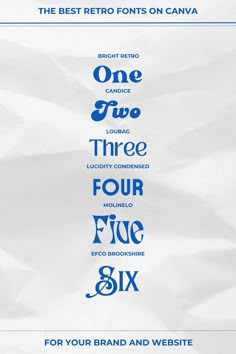 three four five five six font styles on white paper with blue text below the letters