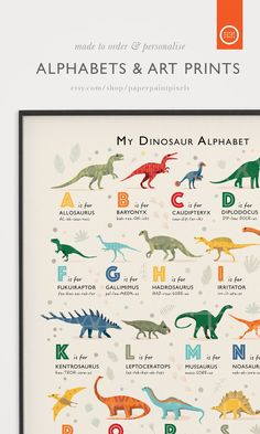 an alphabet poster with dinosaurs and letters