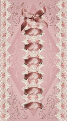 a pink background with an ornate design and ribbon