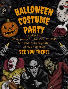 a halloween party flyer with scary characters and pumpkins on it's face, in the middle of a black background