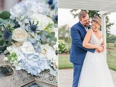 a bride and groom standing in front of their wedding bouquet