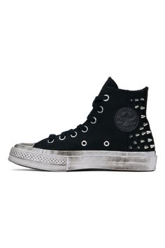 Black Chuck 70 Sneakers by Converse on Sale Vintage Black High-top Sneakers For Streetwear, Vintage Black High-top Sneakers With Vulcanized Sole, Punk High-top Sneakers For Streetwear, Casual Distressed High-top Sneakers, Punk Style High-top Sneakers For Streetwear, Punk Sneakers With Studded Rubber Outsoles For Streetwear, Punk Low-top Sneakers With Studded Outsoles, Punk Streetwear Sneakers With Studded Outsoles, Black High-top Grunge Sneakers