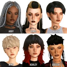 four different types of hair for females with names on their foreheads and necklines