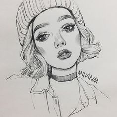 a drawing of a woman wearing a beanie and looking to the side with her eyes closed