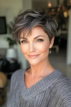 54. Charcoal Pixie with Soft Waves (Short Pixie Hairstyles For Women Over 50) - Short Pixie Hairstyles For Women Over 50 Modern Pixie Haircut, Short Pixie Hairstyles, Spikey Short Hair, Short Pixie Cuts, Pixie Haircut Ideas, Older Women's Hairstyles, Short Silver Hair, Short Hair Images