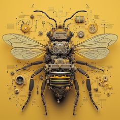 an insect made out of mechanical parts on a yellow background