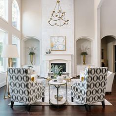 a living room filled with furniture and a fire place in the middle of a room