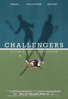 a movie poster for the film challengers with a tennis player in mid air holding a racquet