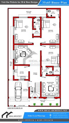 two story house plan with 3 bedroom and 2 bathrooms on the first floor, which is also