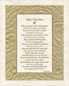 a poem written in gold foil on a white background with the words time travelers above it