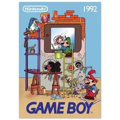 the nintendo game boy poster is displayed in front of a brick wall and ladders